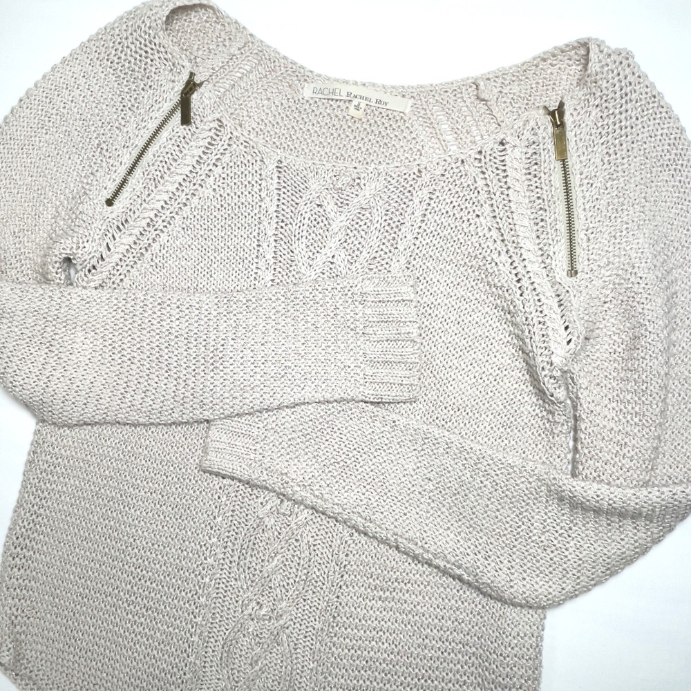 Rachel Rachel Roy Womens Knit Sweater Long‎ Sleeve Zipper Cable Knit Beige-S Vtg